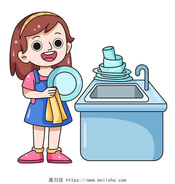 卡通家庭生活女儿做家务刷碗插画素材png